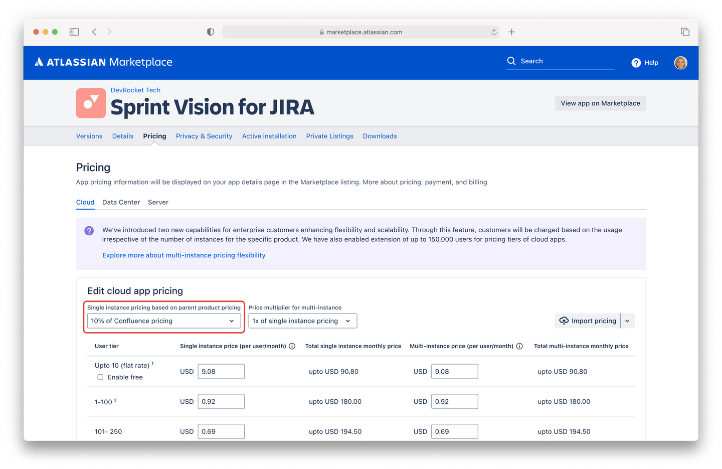 Image showing how to choose custom pricing on a Marketplace listing