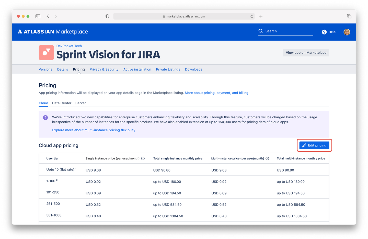 Image showing the Edit pricing button on a Marketplace listing