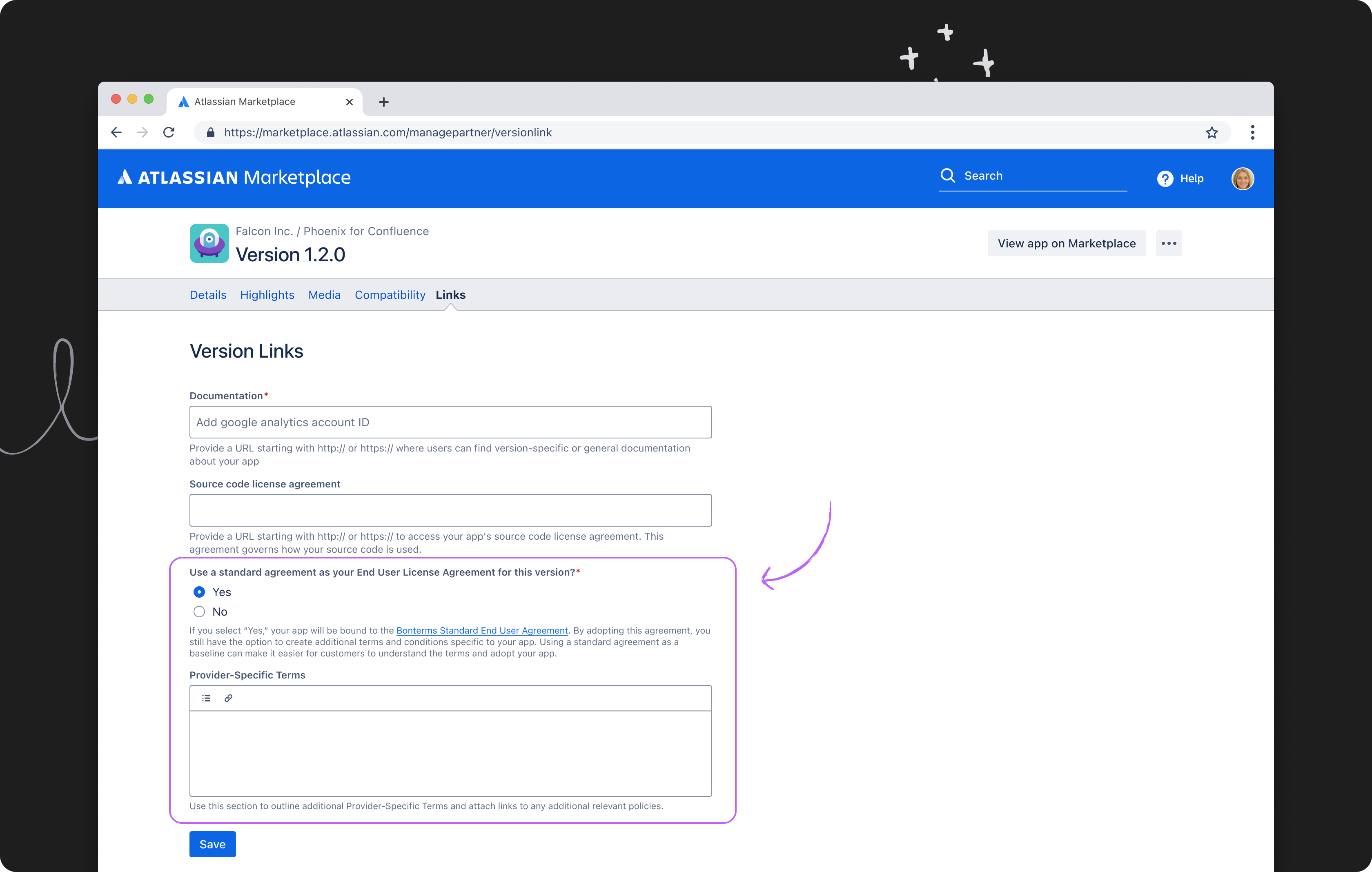 App version configuration screen
