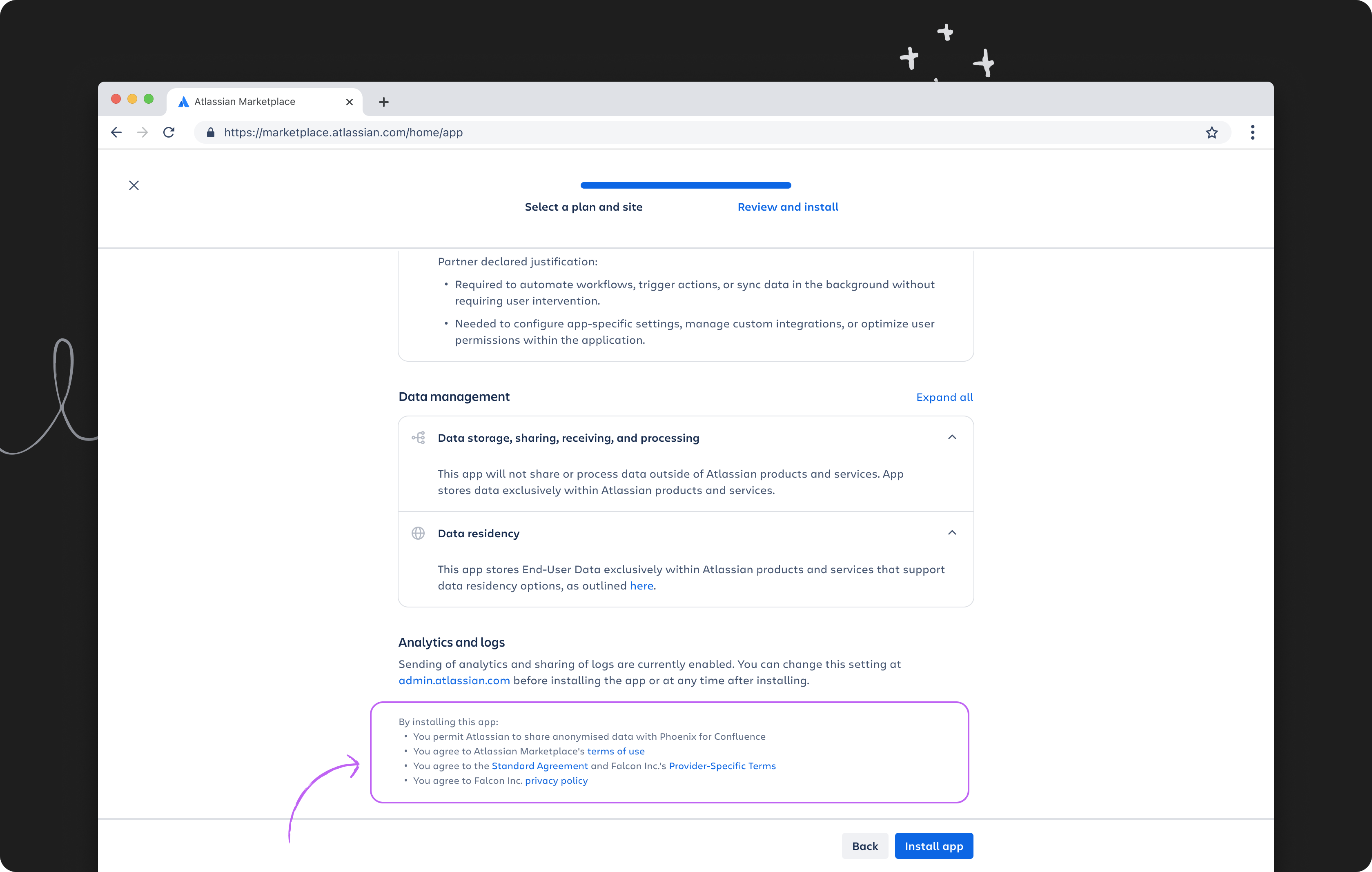 App installation screen with agreement links