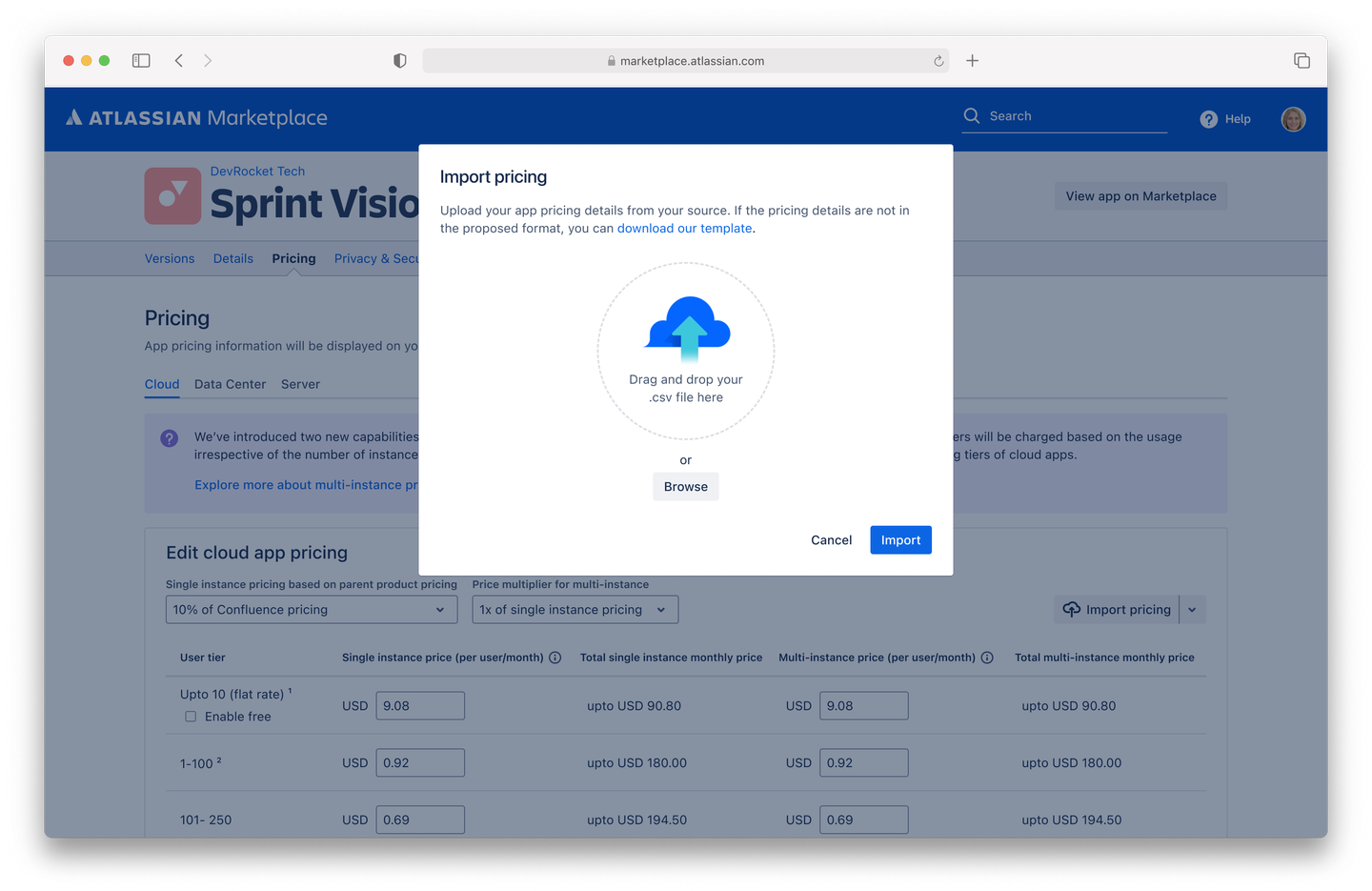 Image showing how to import pricing on a Marketplace listing