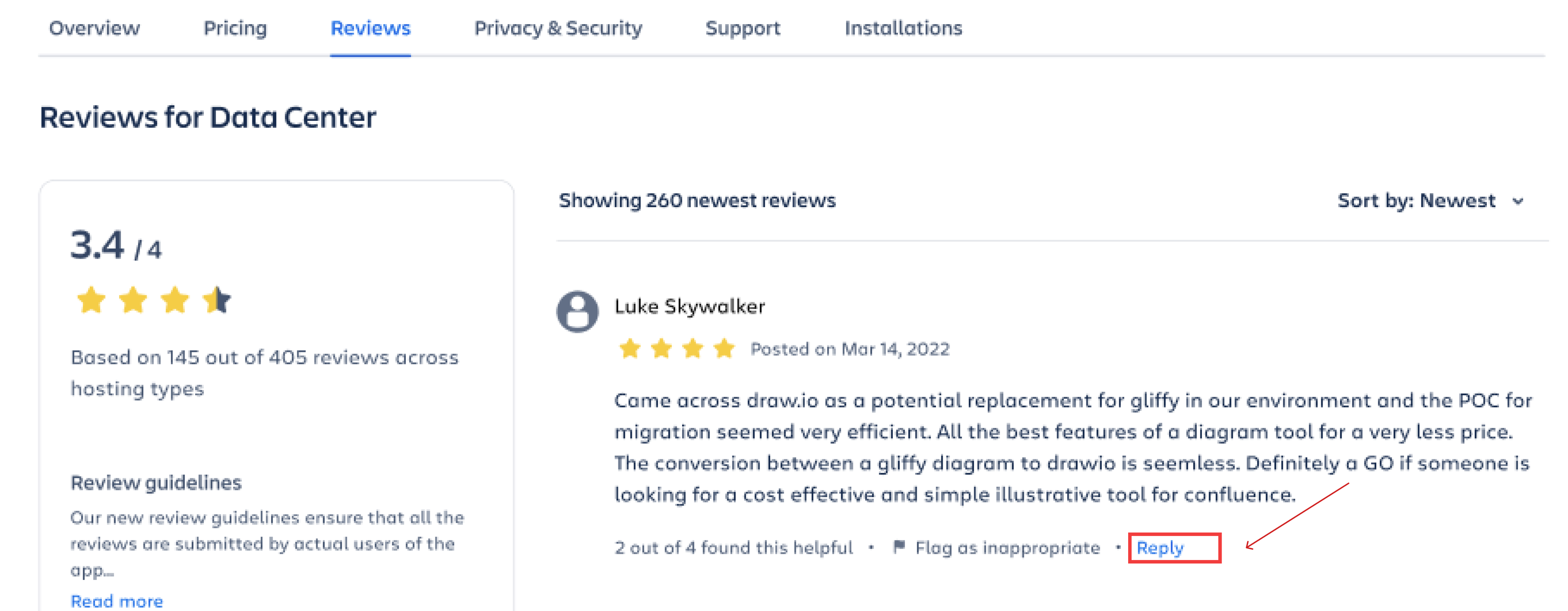 Responding to a review on a marketplace listing