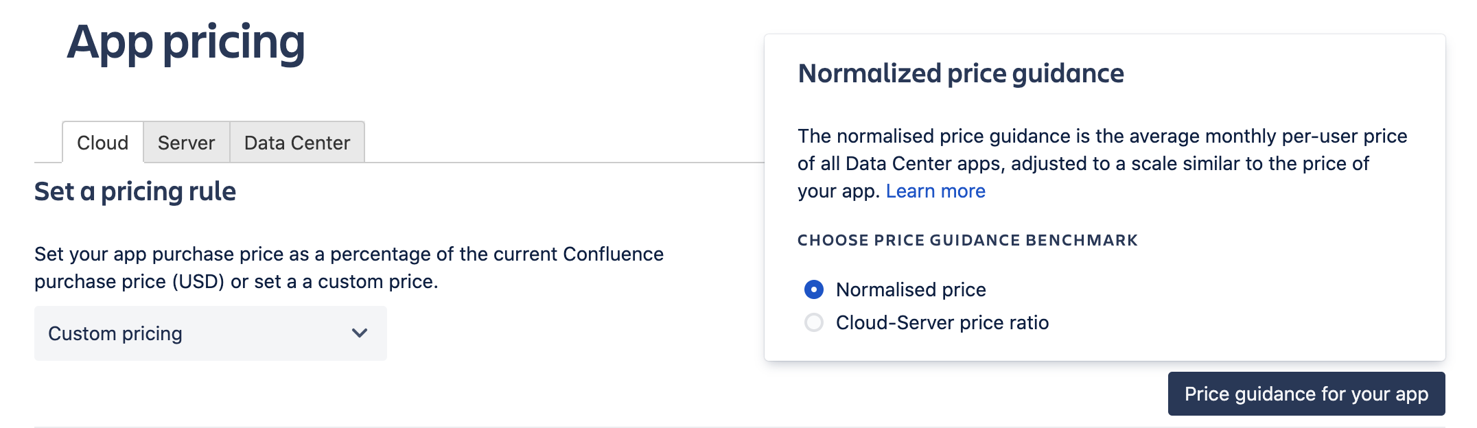 Price guidance selection modal