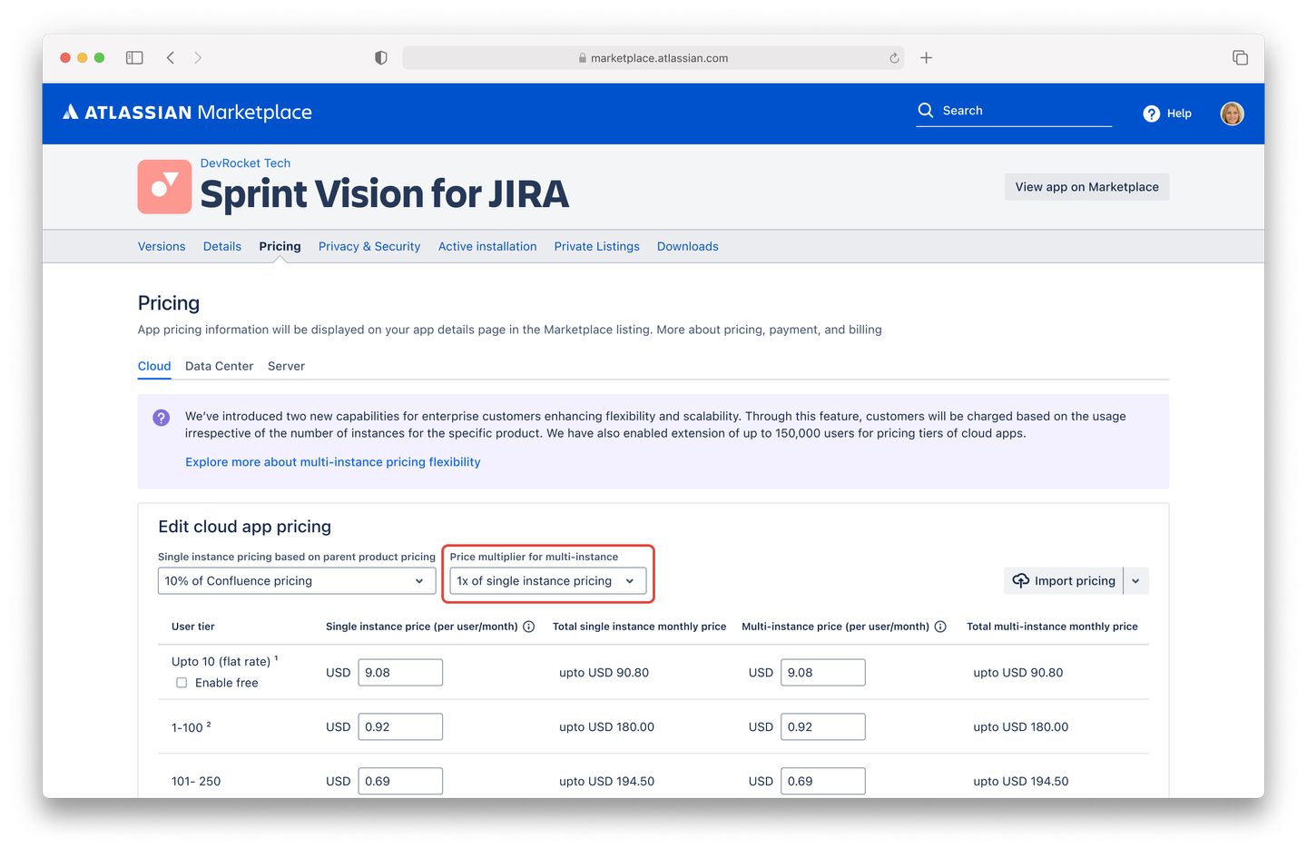 Image showing how to choose the price multiplier on a Marketplace listing