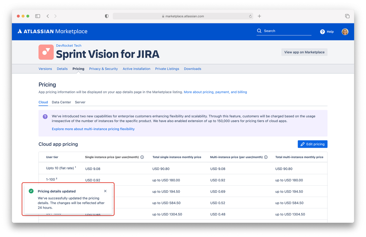 Image showing success message after updating pricing details