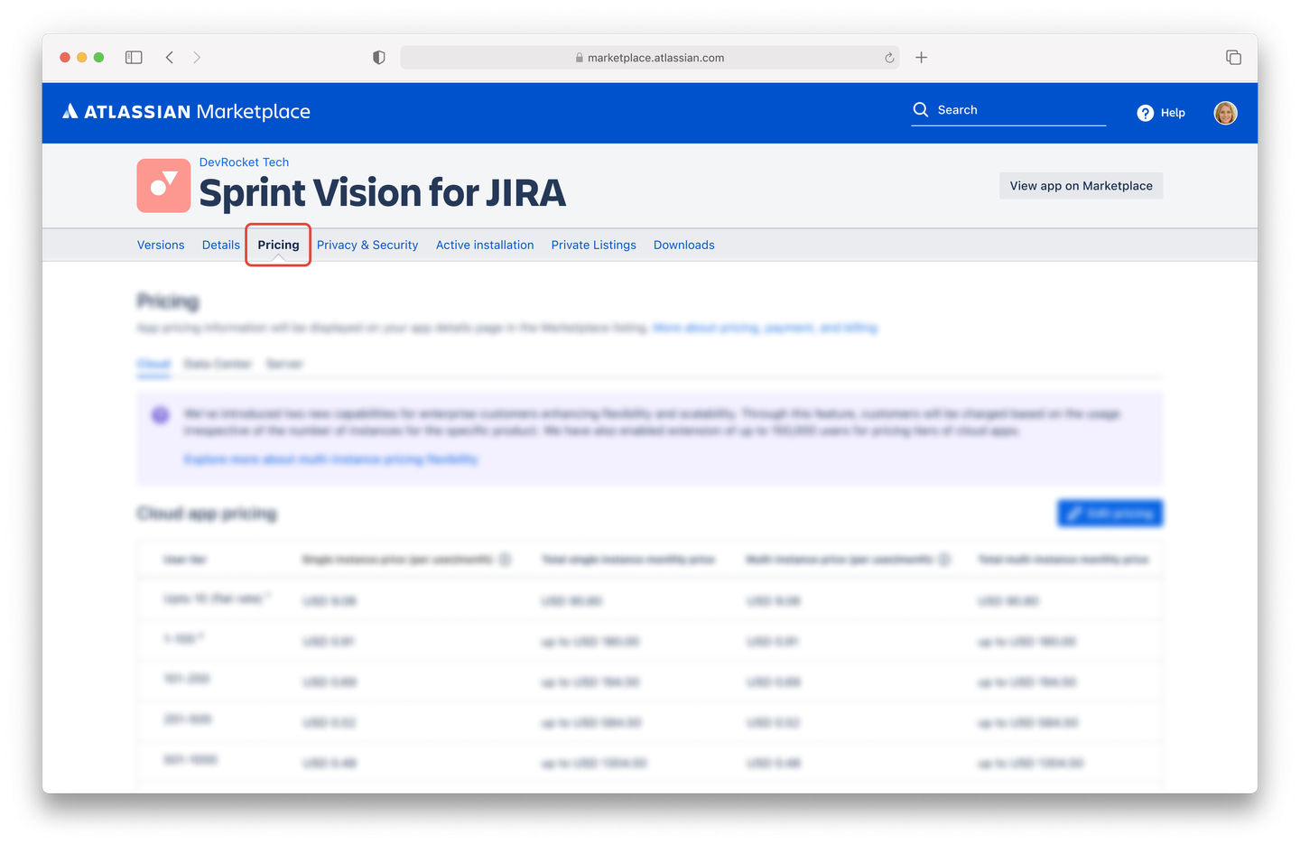 Image showing Pricing tab of a Marketplace listing