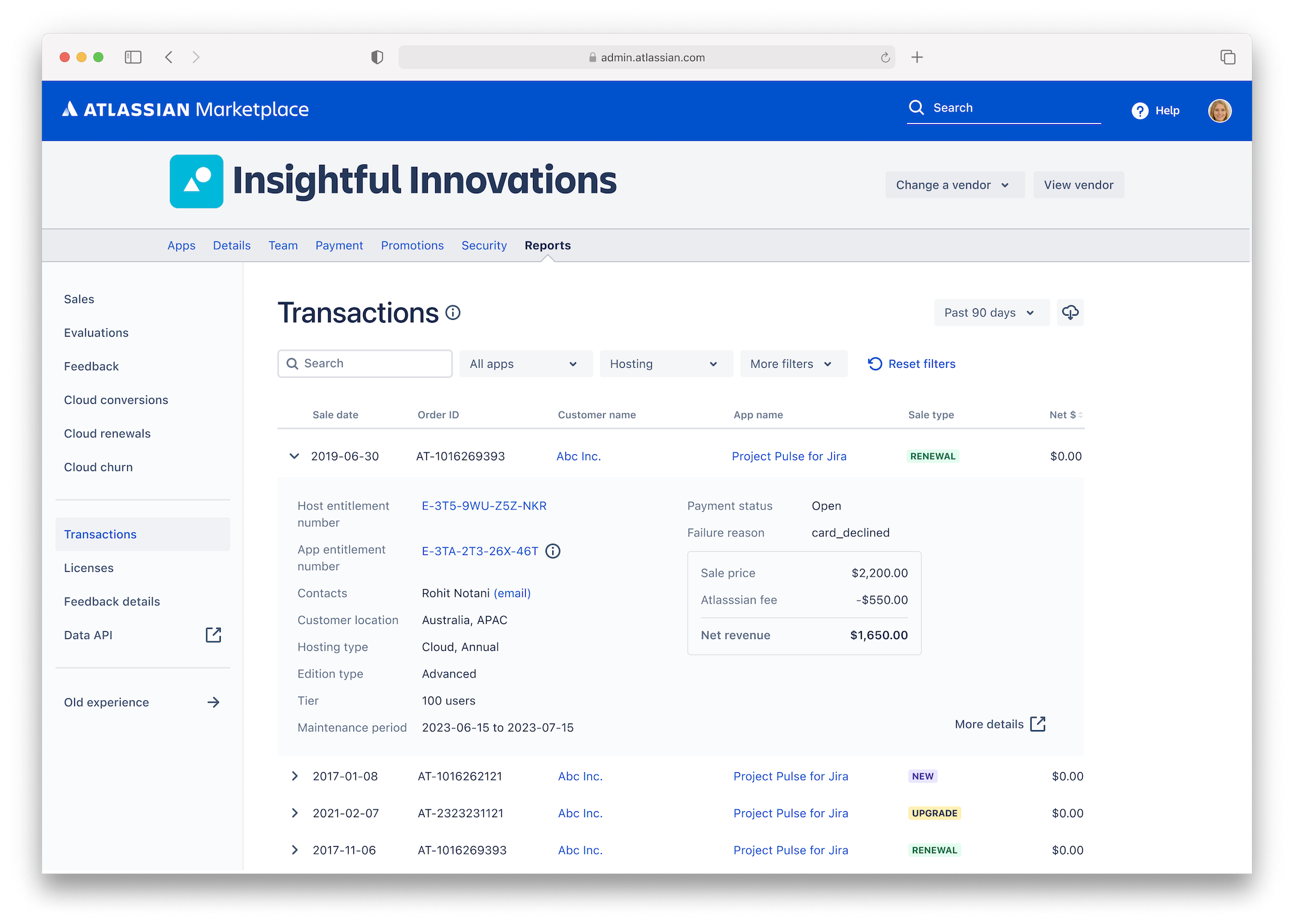 Transactions report