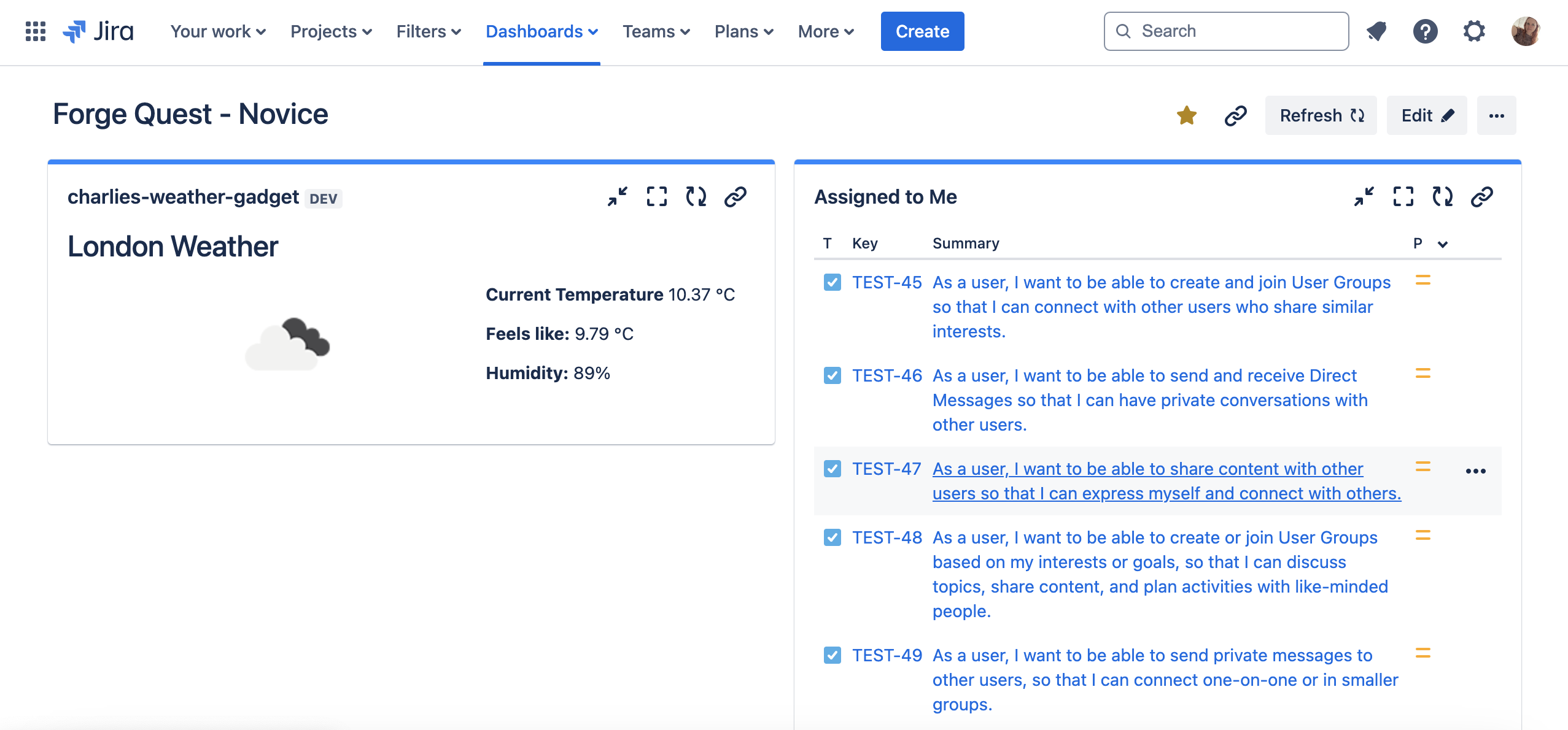 Jira Weather Gadget App