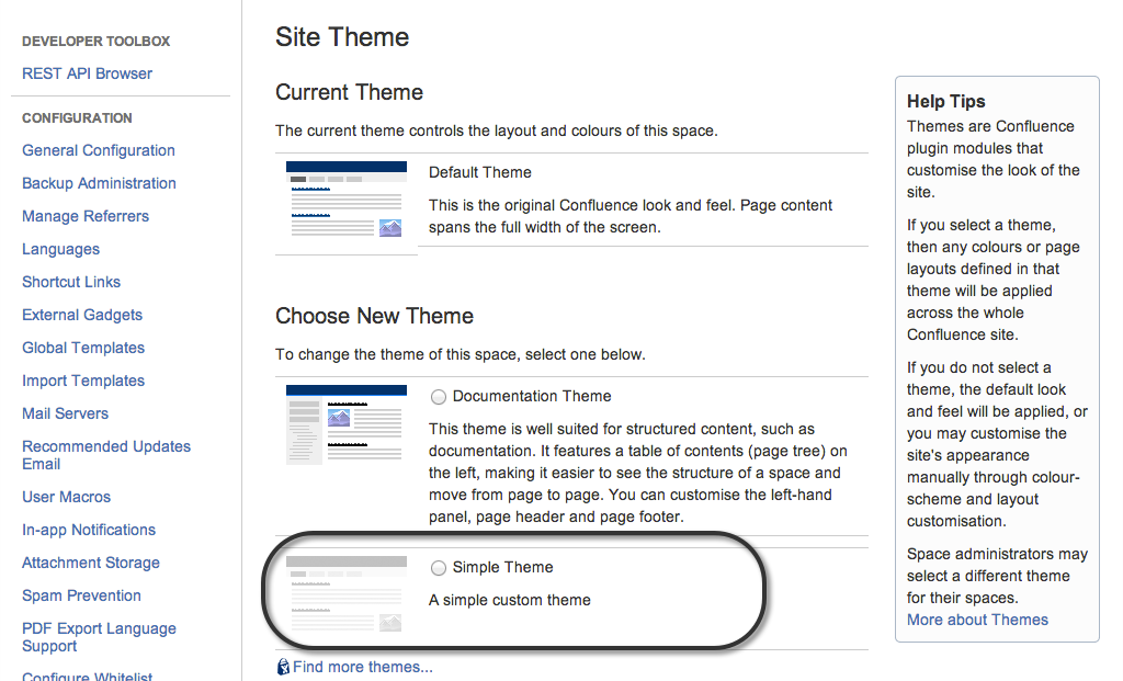 The Themes page in Confluence