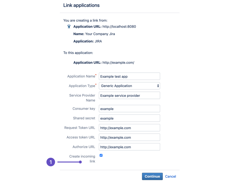 First screen of application link dialog